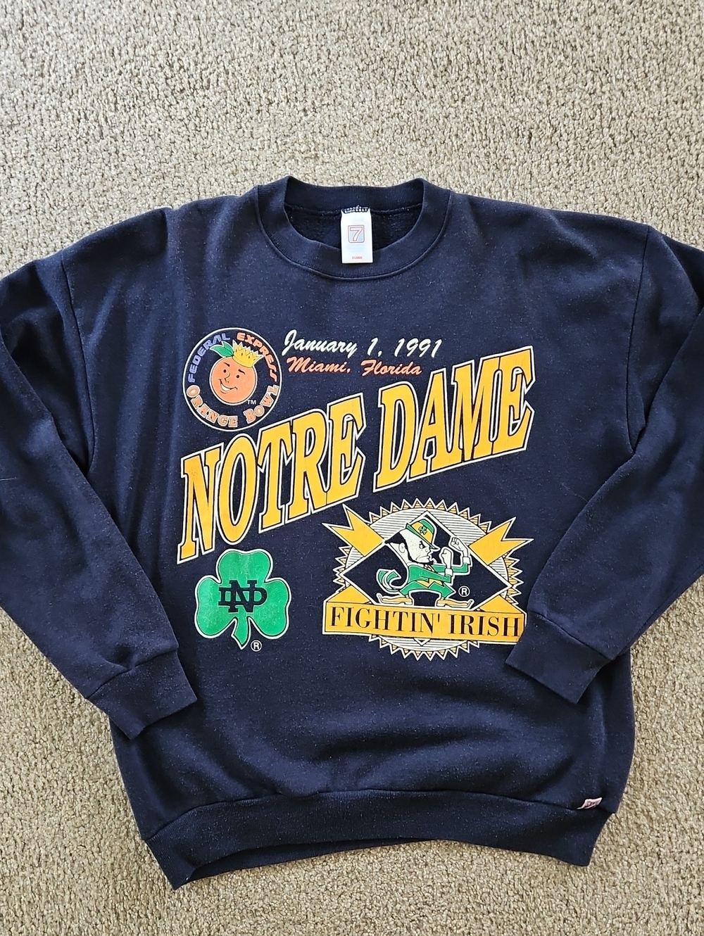 Vintage 1991 Notre Dame Fighting Irish Orange Bowl Sweatshirt Navy Blue Size XL
